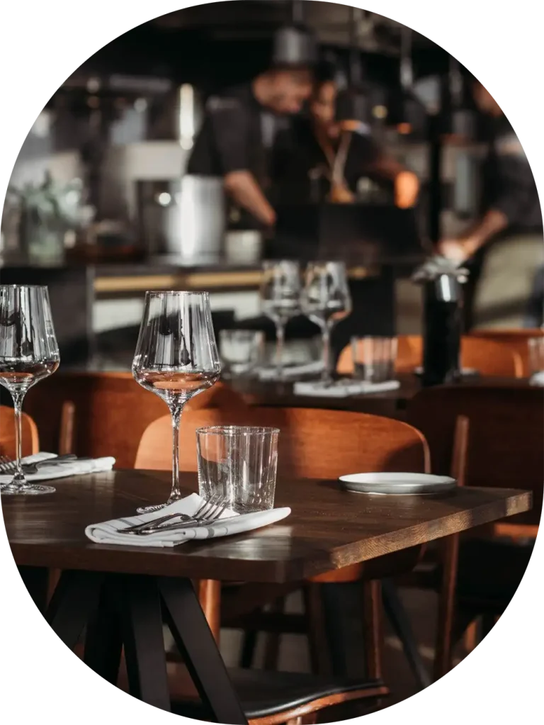 glasses on tables in a restaurant