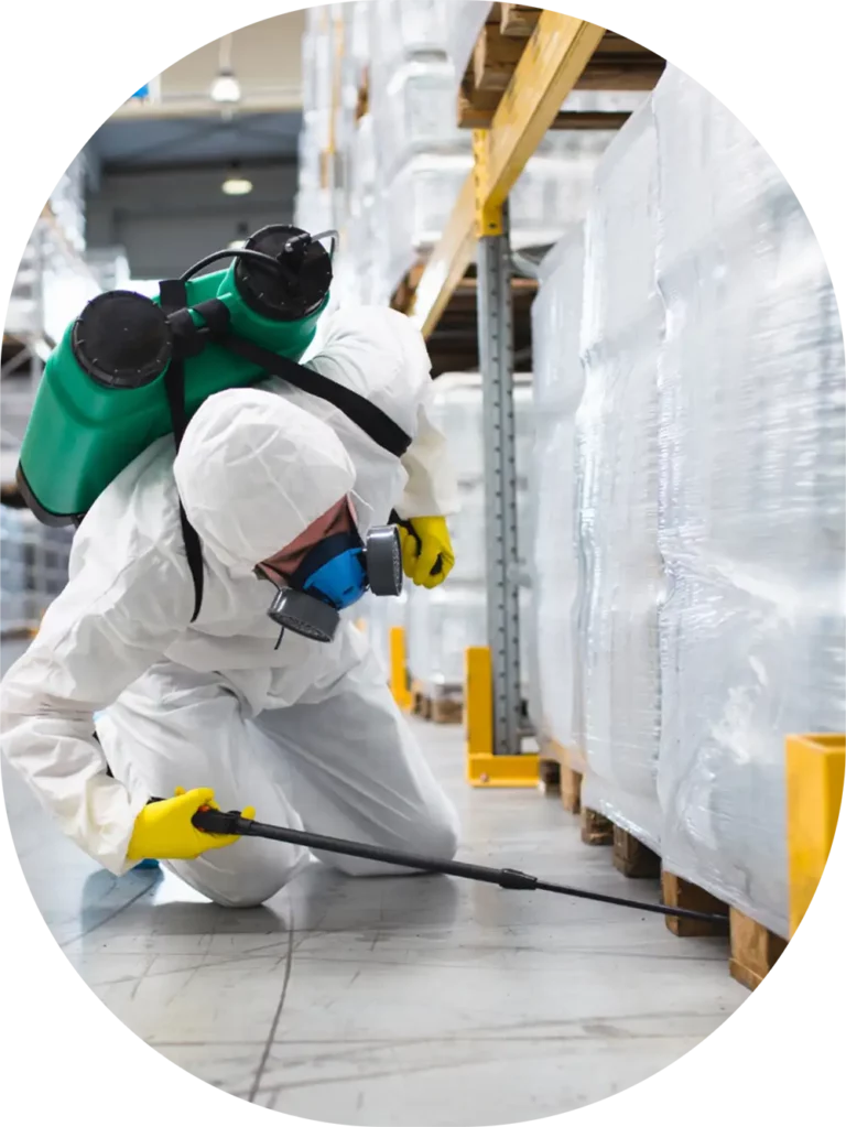 worker spraying under pallets